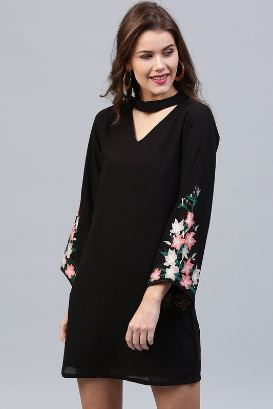 Women's Black Embroidered Sleeve Choker Dress