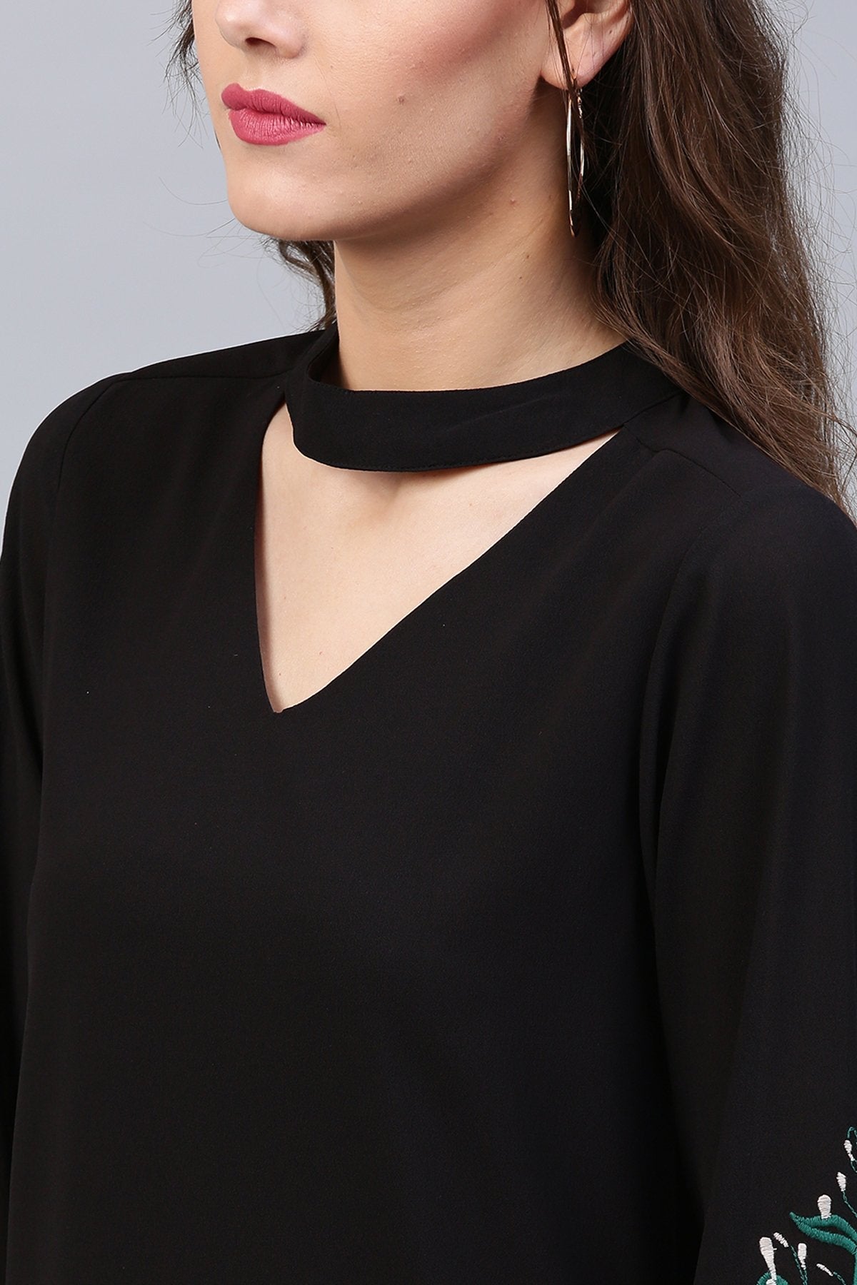 Women's Black Embroidered Sleeve Choker Dress