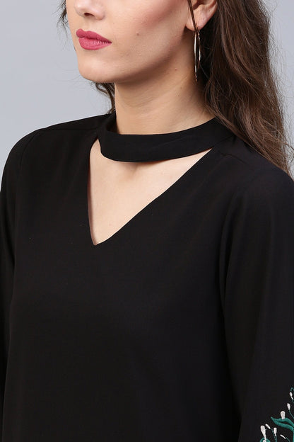 Women's Black Embroidered Sleeve Choker Dress