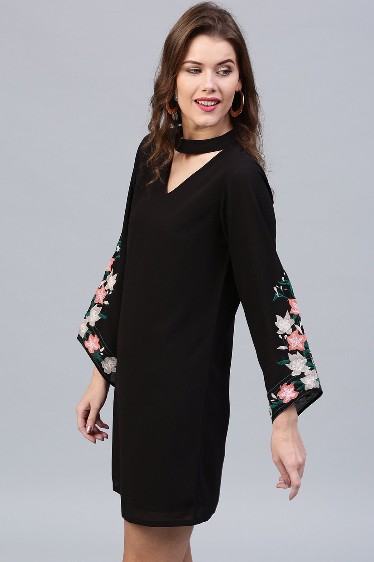 Women's Black Embroidered Sleeve Choker Dress