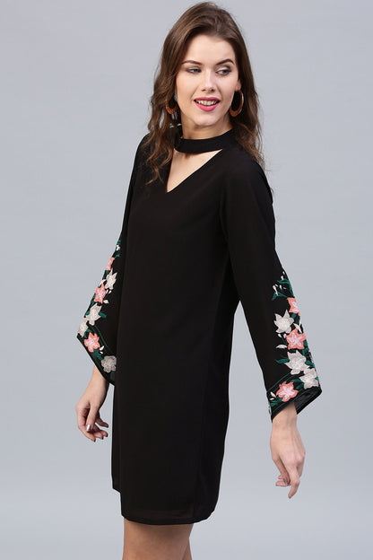Women's Black Embroidered Sleeve Choker Dress