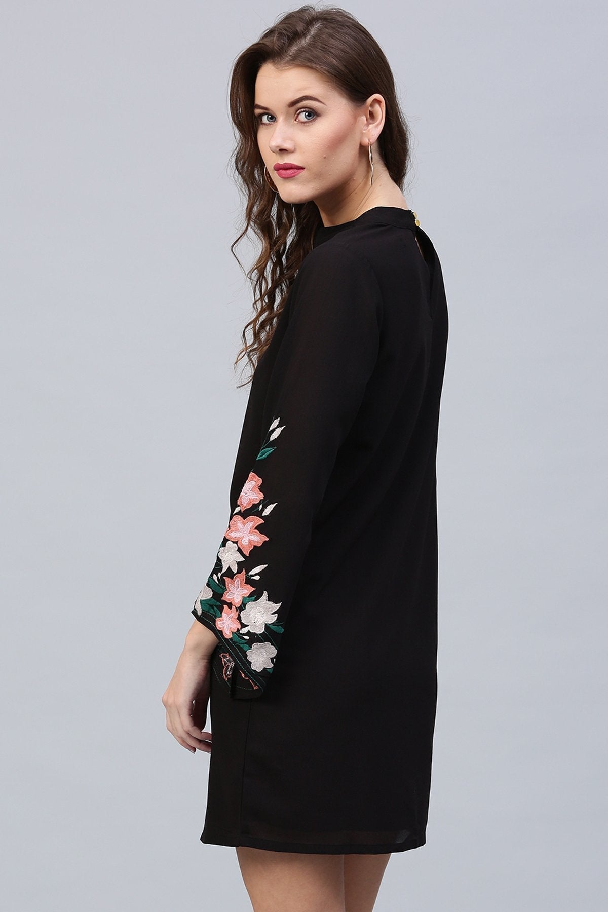 Women's Black Embroidered Sleeve Choker Dress