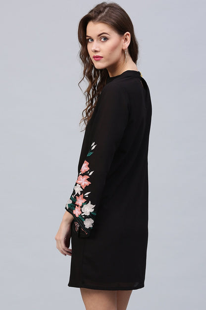Women's Black Embroidered Sleeve Choker Dress