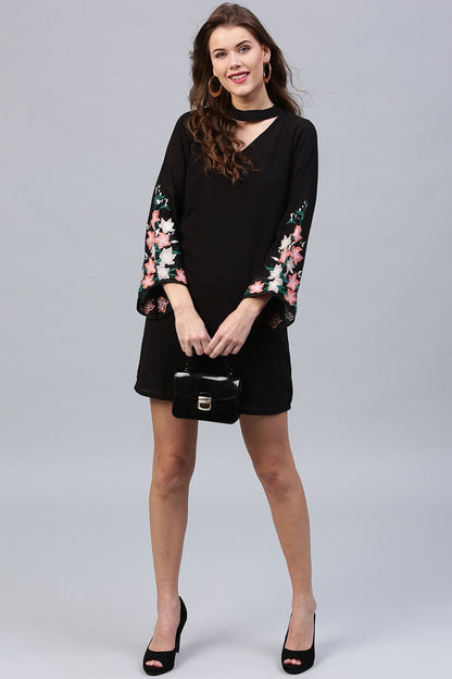 Women's Black Embroidered Sleeve Choker Dress