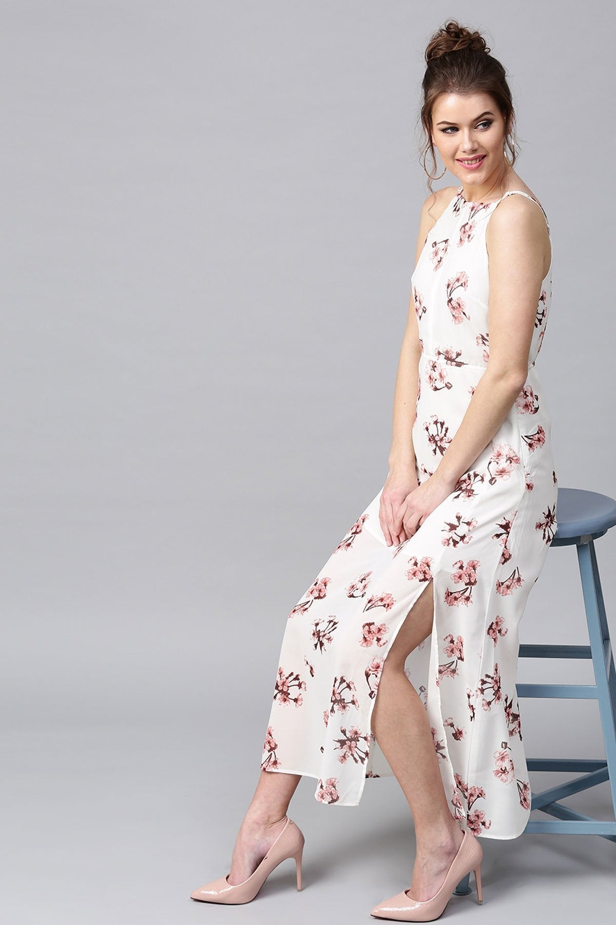 Women's Ivory Floral Halter Maxi