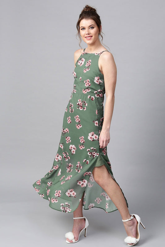 Women's Green Floral Halter Maxi