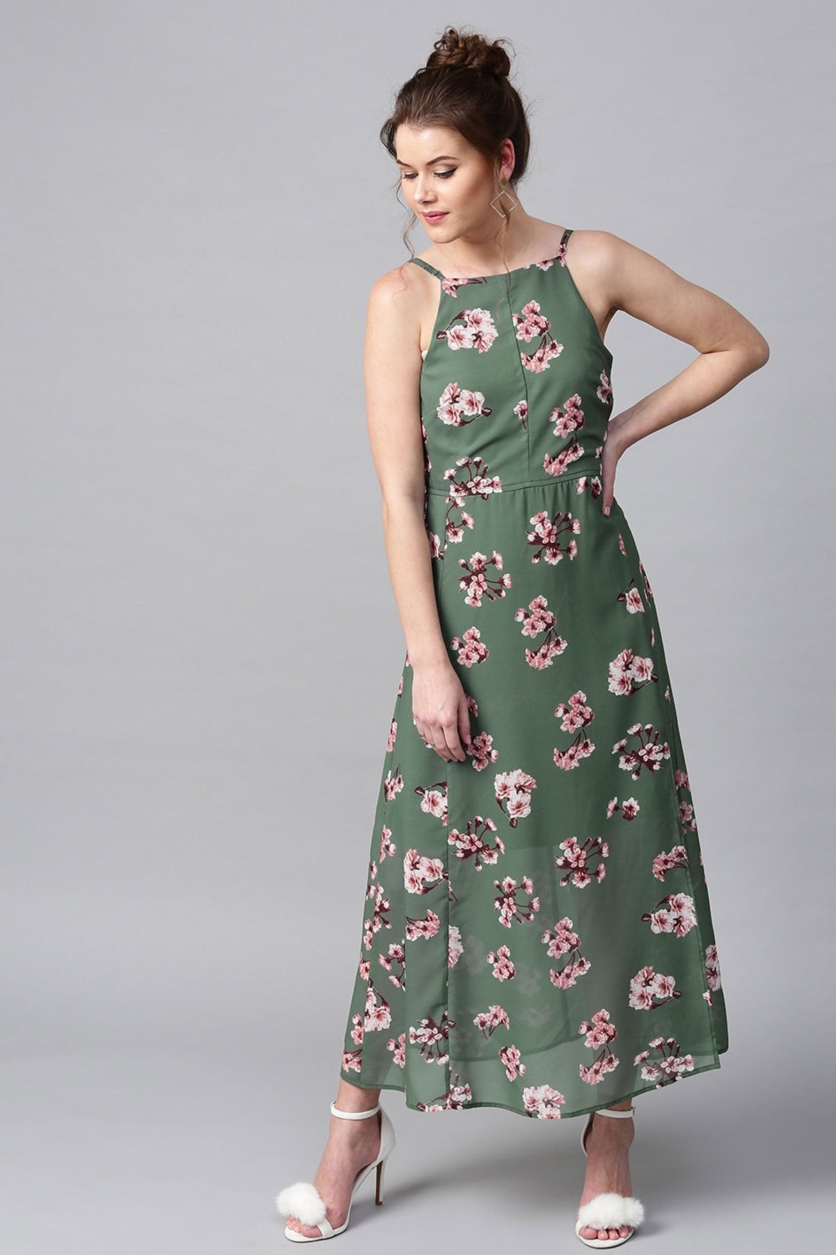 Women's Green Floral Halter Maxi