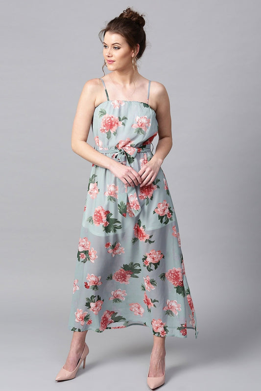 Women's Blue Floral Belted Maxi