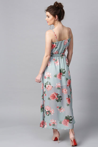 Women's Blue Floral Belted Maxi