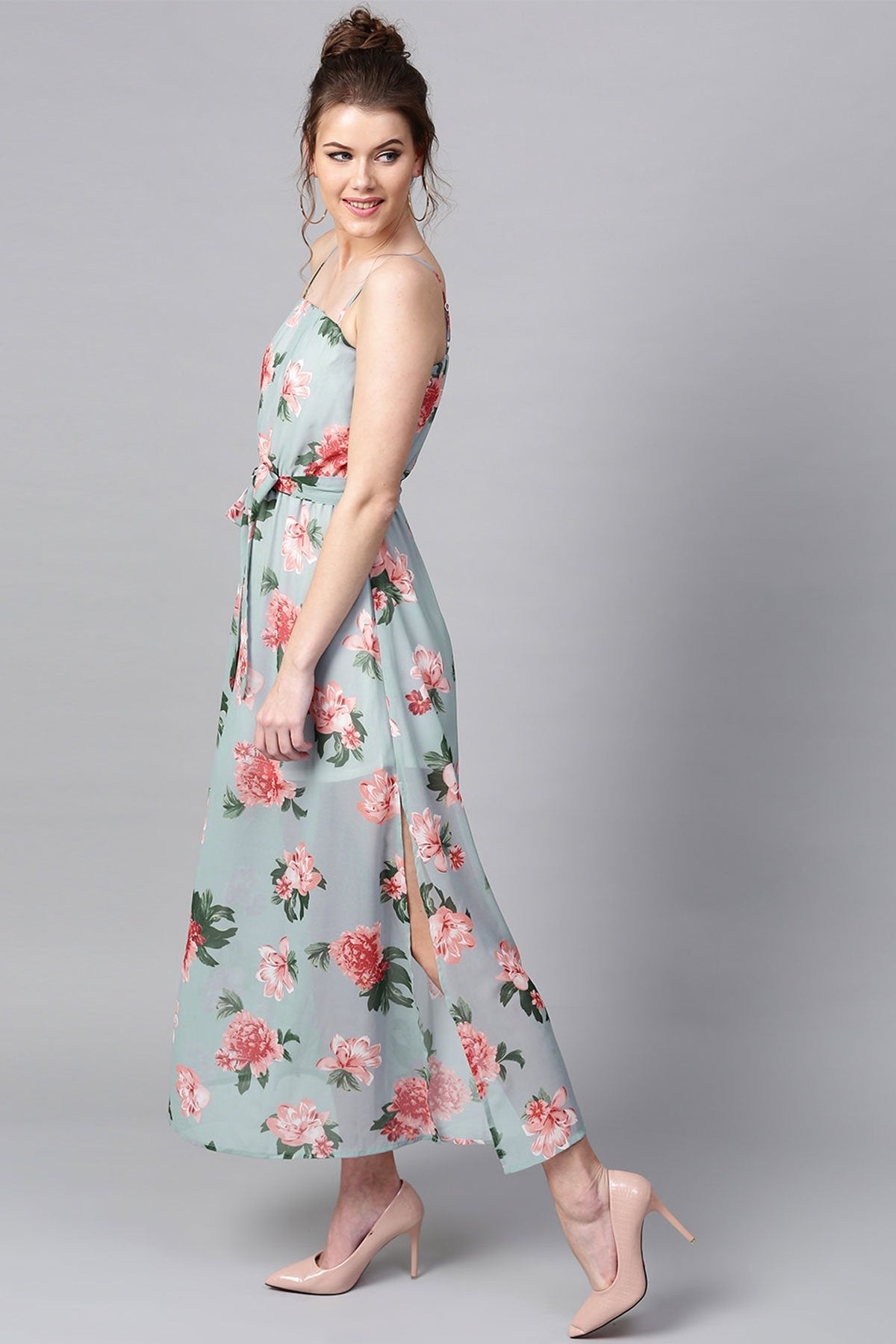 Women's Blue Floral Belted Maxi