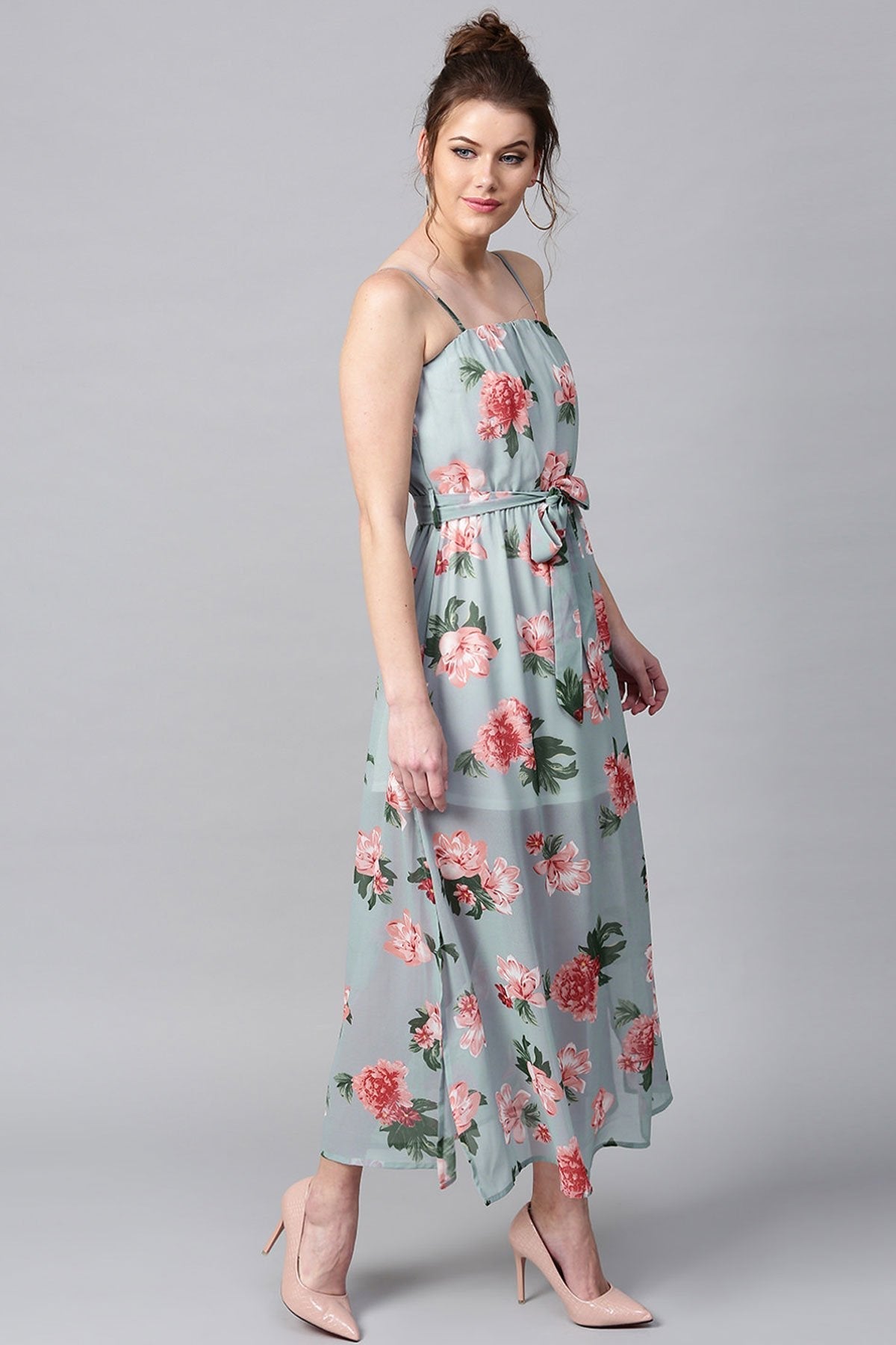 Women's Blue Floral Belted Maxi