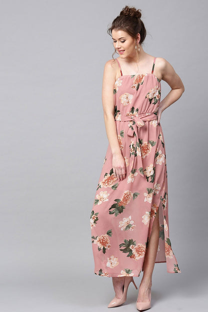 Women's Baked Pink Floral Belted Maxi