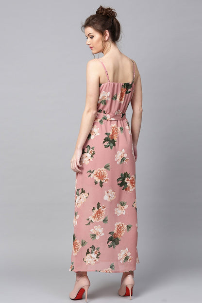Women's Baked Pink Floral Belted Maxi