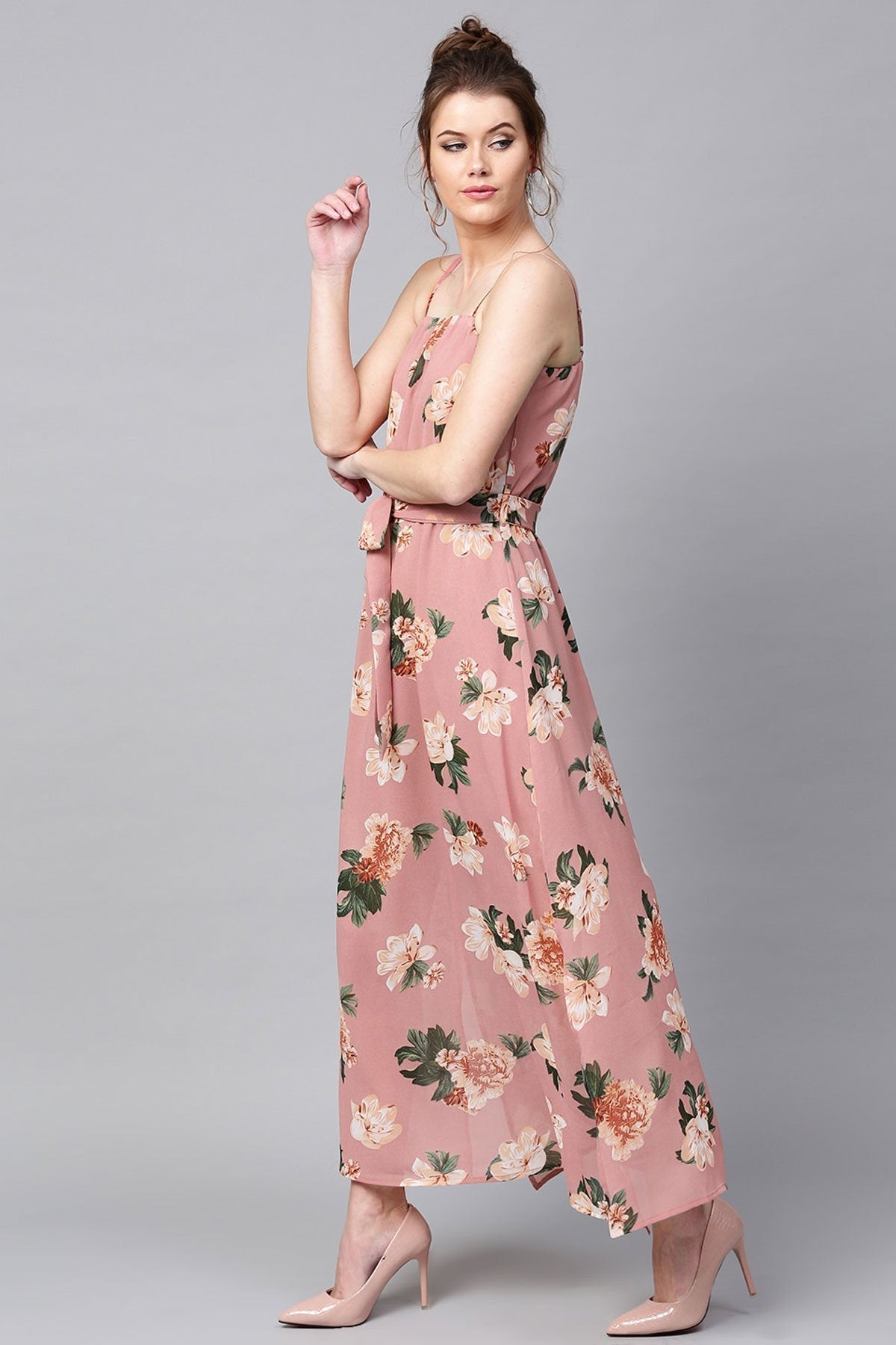 Women's Baked Pink Floral Belted Maxi