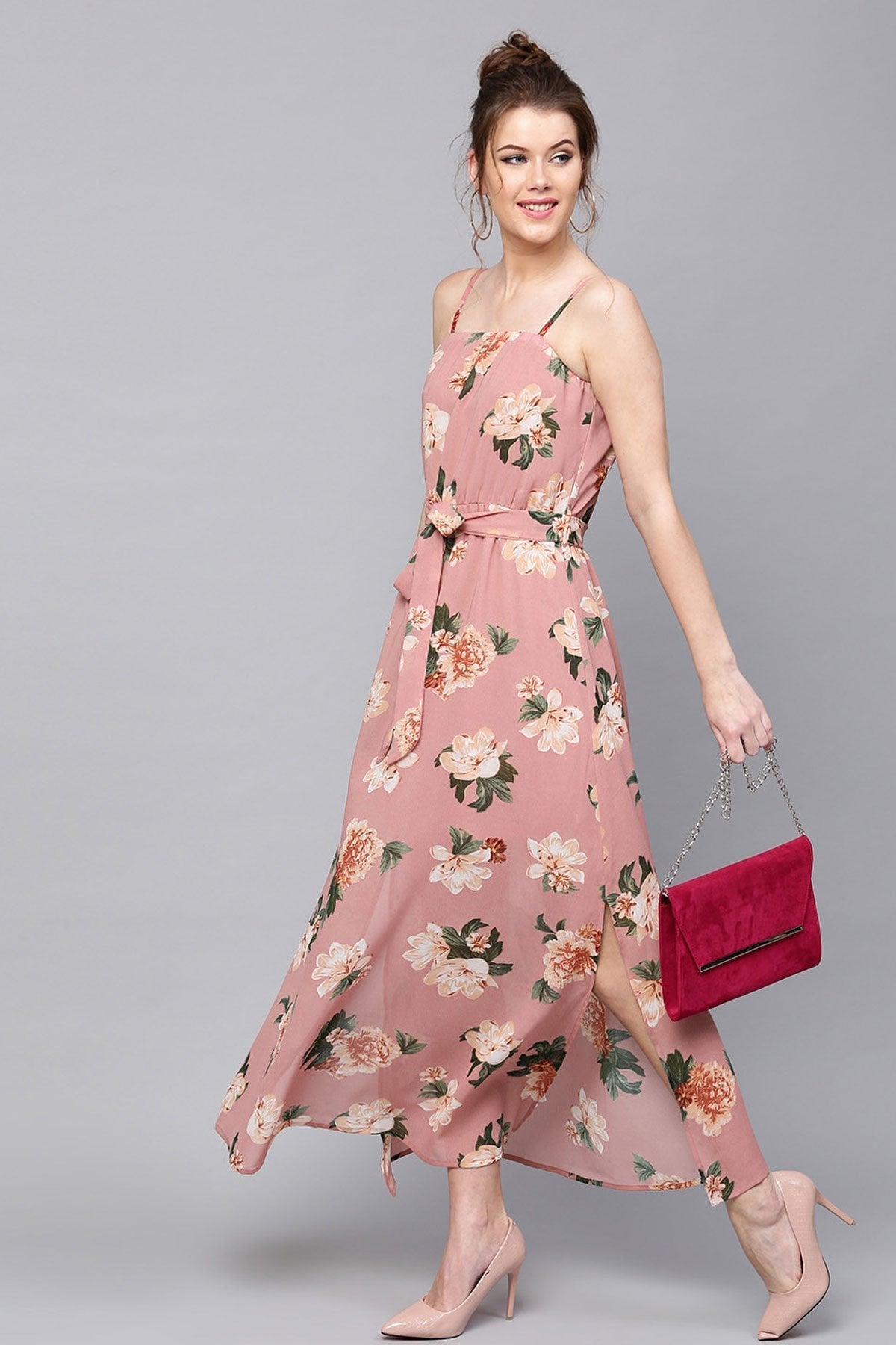 Women's Baked Pink Floral Belted Maxi