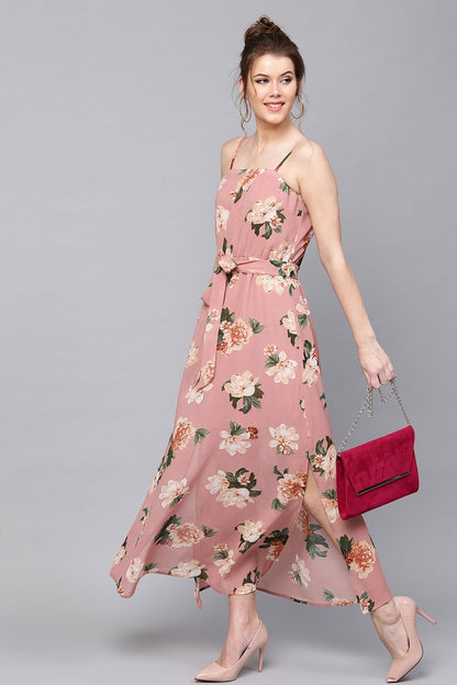 Women's Baked Pink Floral Belted Maxi