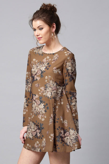 Women's Brown Floral A-Line Dress