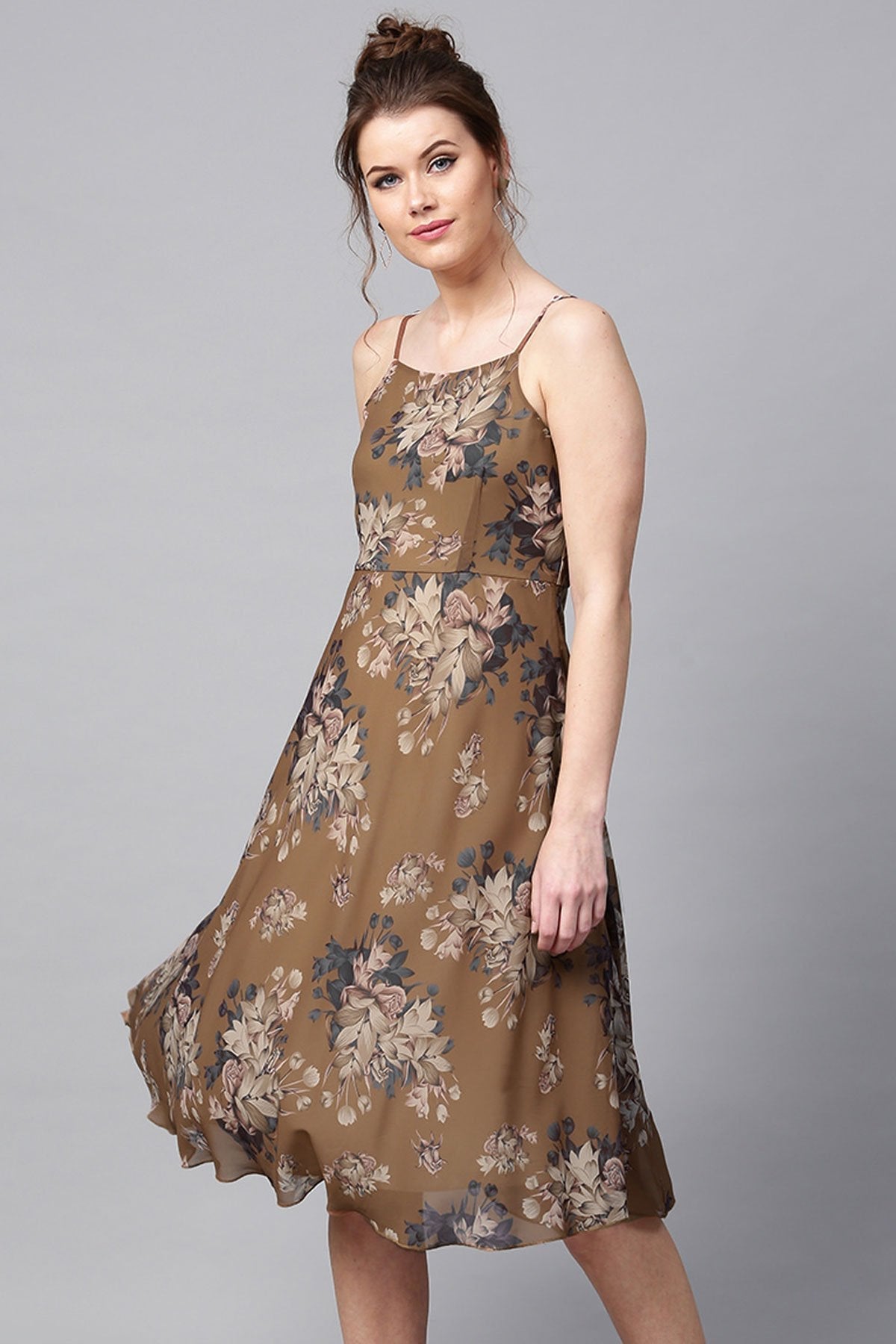 Women's Brown Floral Midi Strap Dress