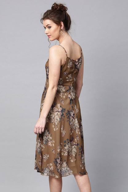 Women's Brown Floral Midi Strap Dress