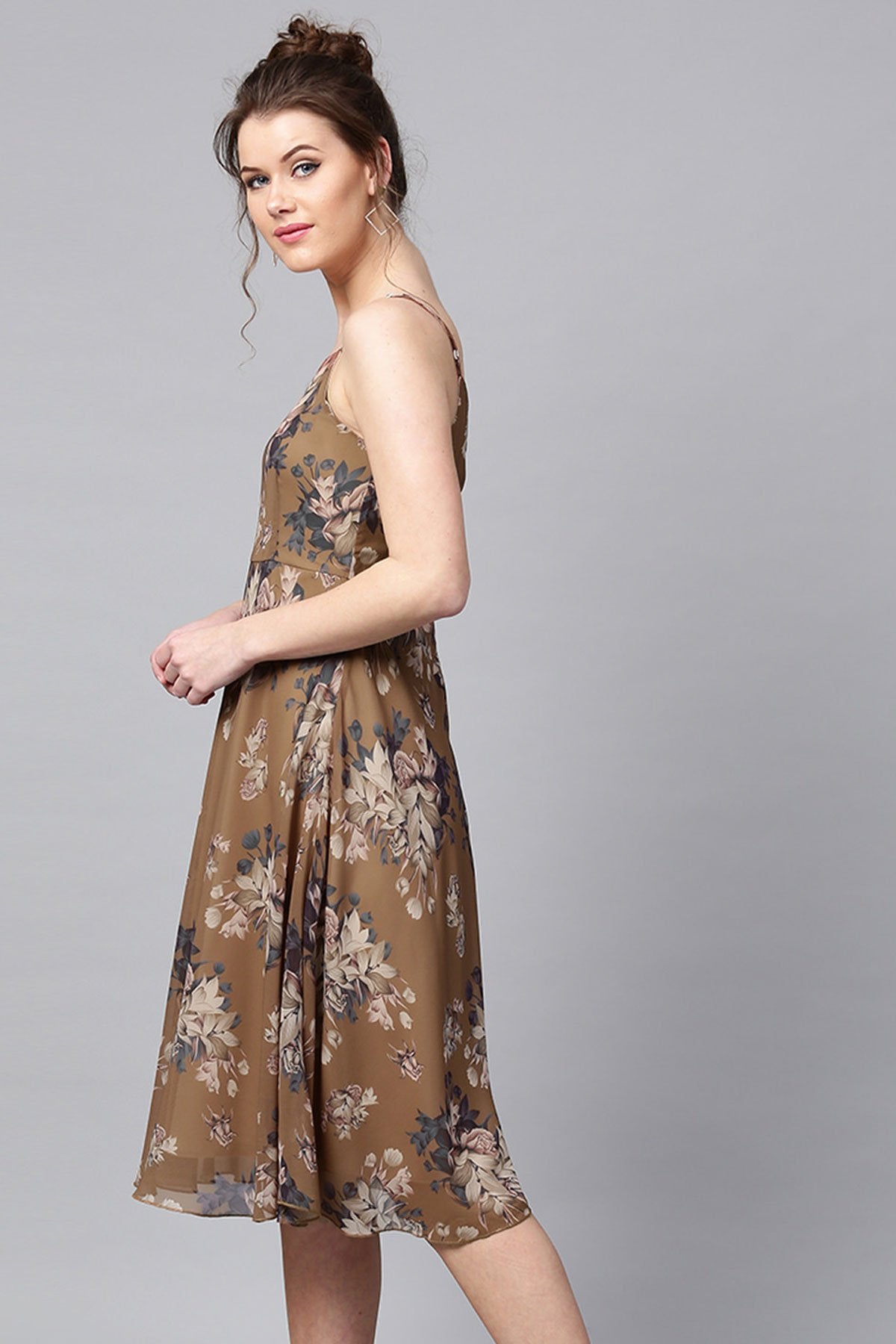 Women's Brown Floral Midi Strap Dress