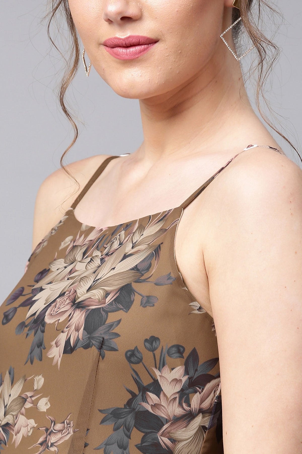 Women's Brown Floral Midi Strap Dress