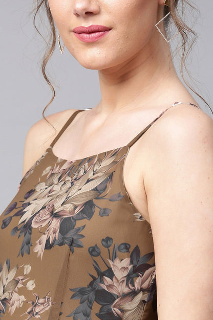 Women's Brown Floral Midi Strap Dress