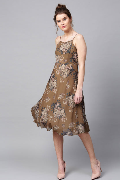 Women's Brown Floral Midi Strap Dress
