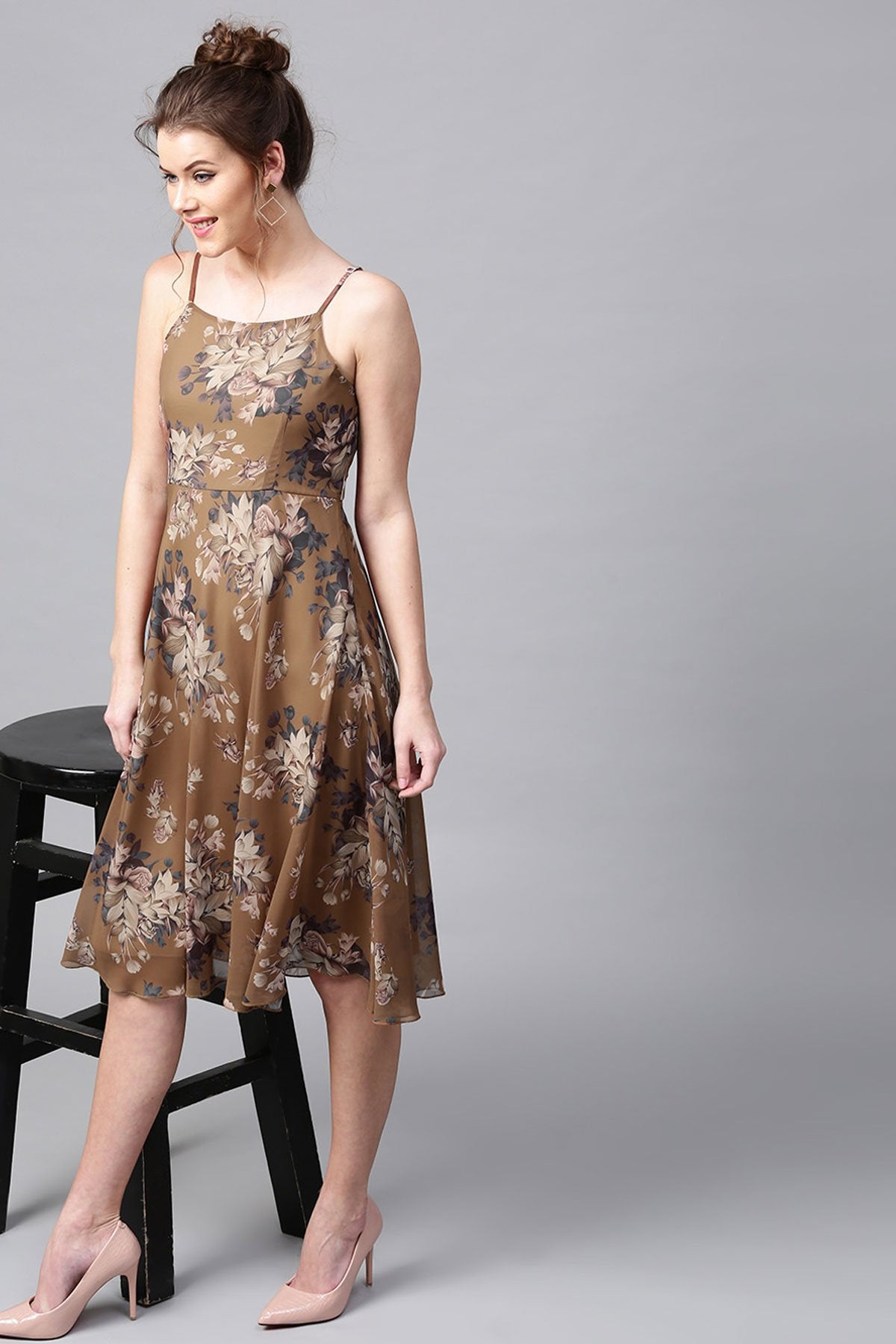 Women's Brown Floral Midi Strap Dress