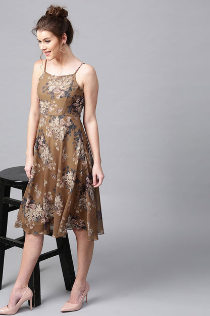 Women's Brown Floral Midi Strap Dress