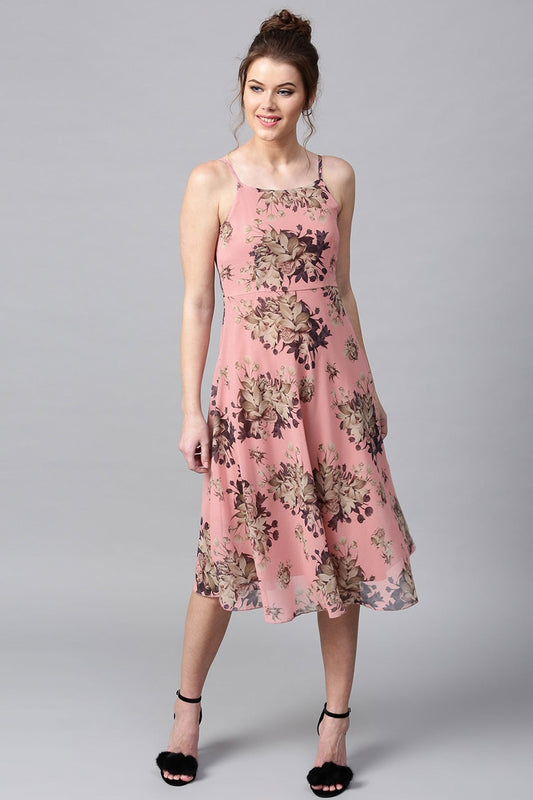Women's Millennial Pink Floral Midi Strap Dress