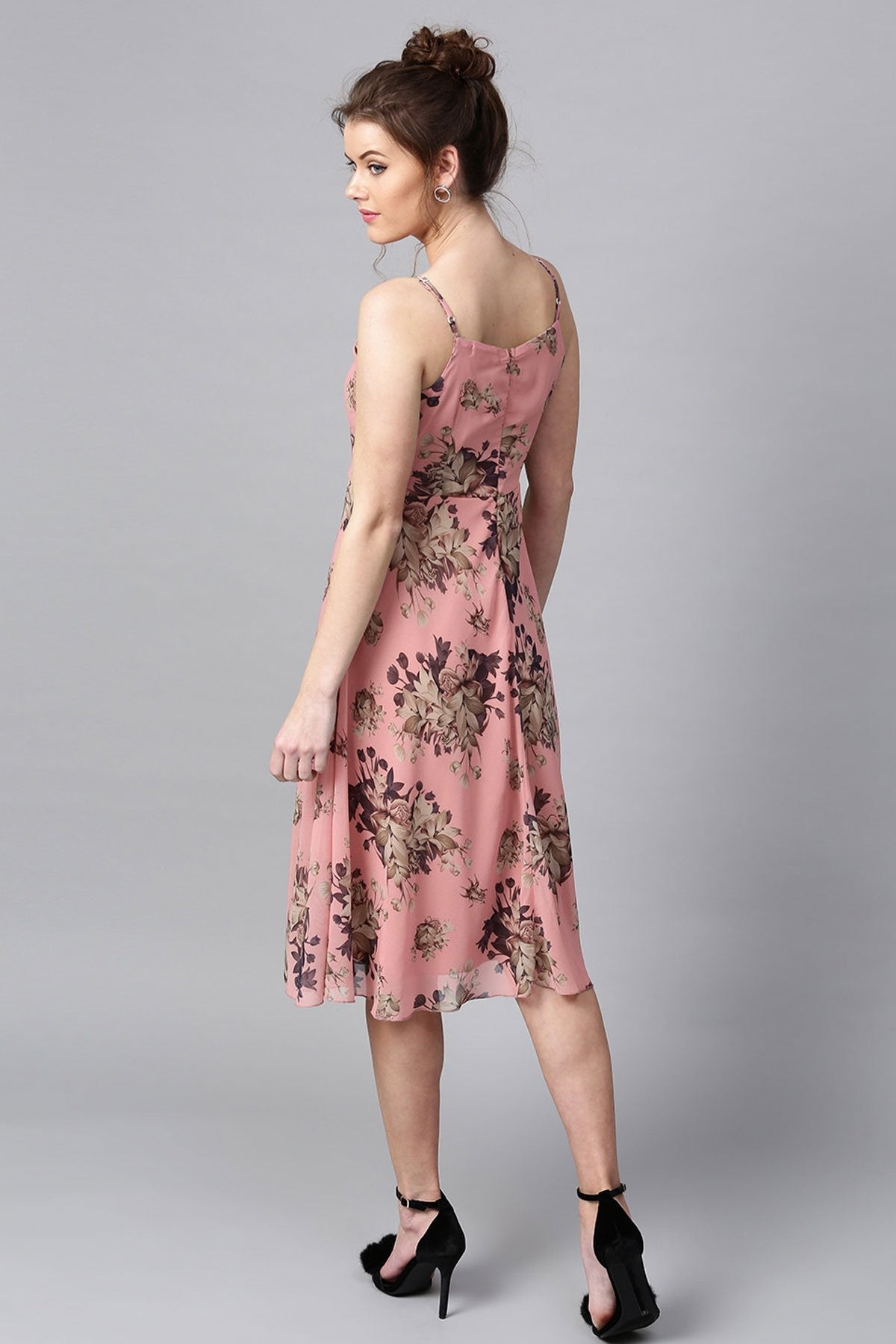 Women's Millennial Pink Floral Midi Strap Dress