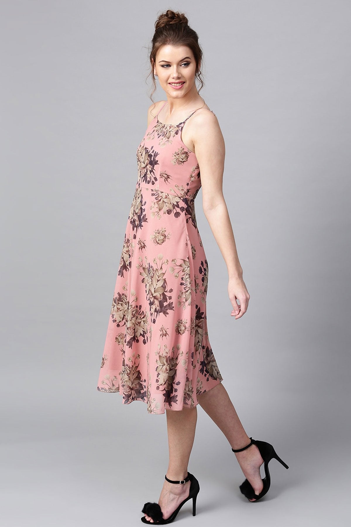 Women's Millennial Pink Floral Midi Strap Dress