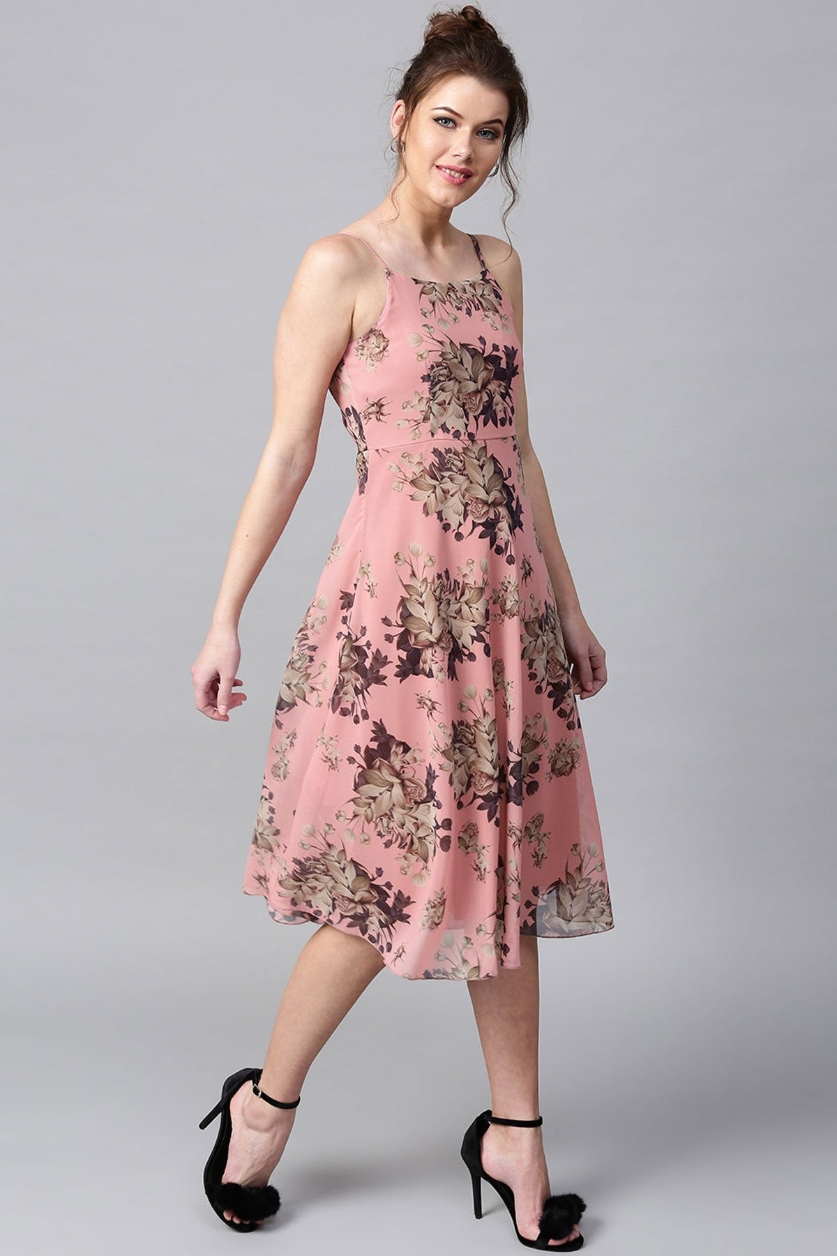 Women's Millennial Pink Floral Midi Strap Dress