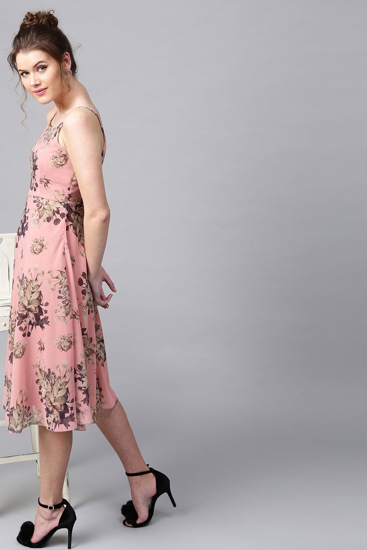 Women's Millennial Pink Floral Midi Strap Dress