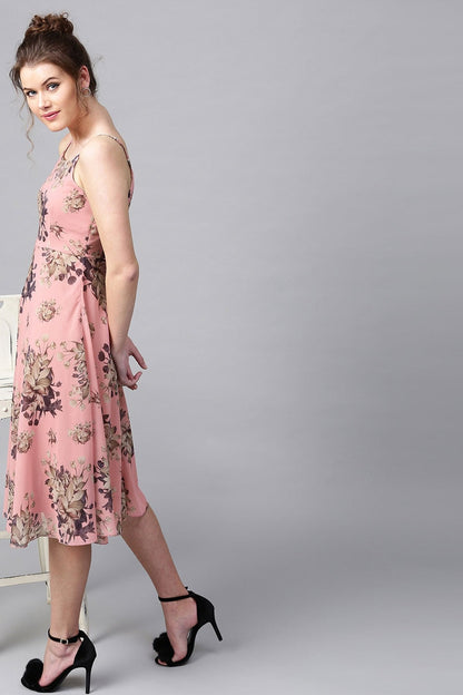 Women's Millennial Pink Floral Midi Strap Dress