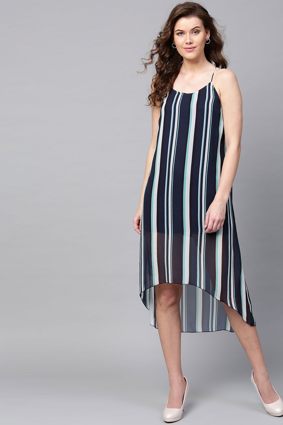Women's Navy & Sea Green Stripes High Low Dress