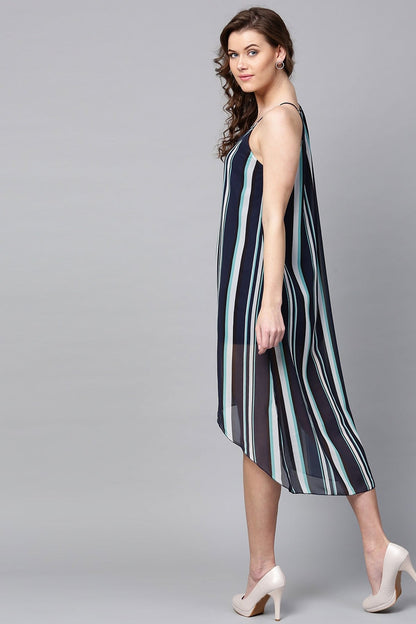 Women's Navy & Sea Green Stripes High Low Dress