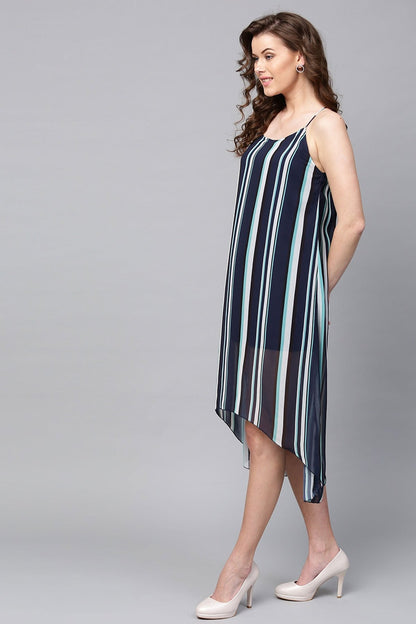 Women's Navy & Sea Green Stripes High Low Dress