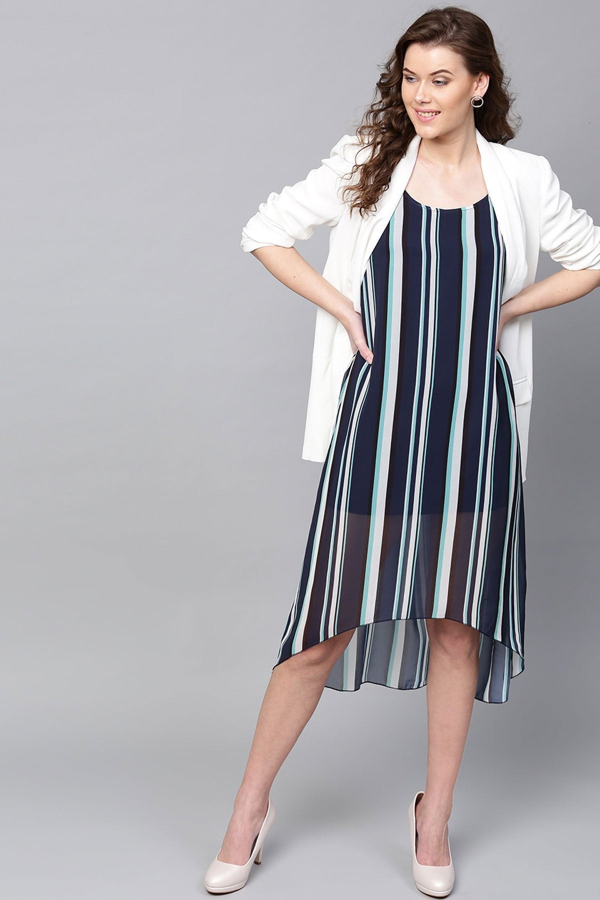Women's Navy & Sea Green Stripes High Low Dress