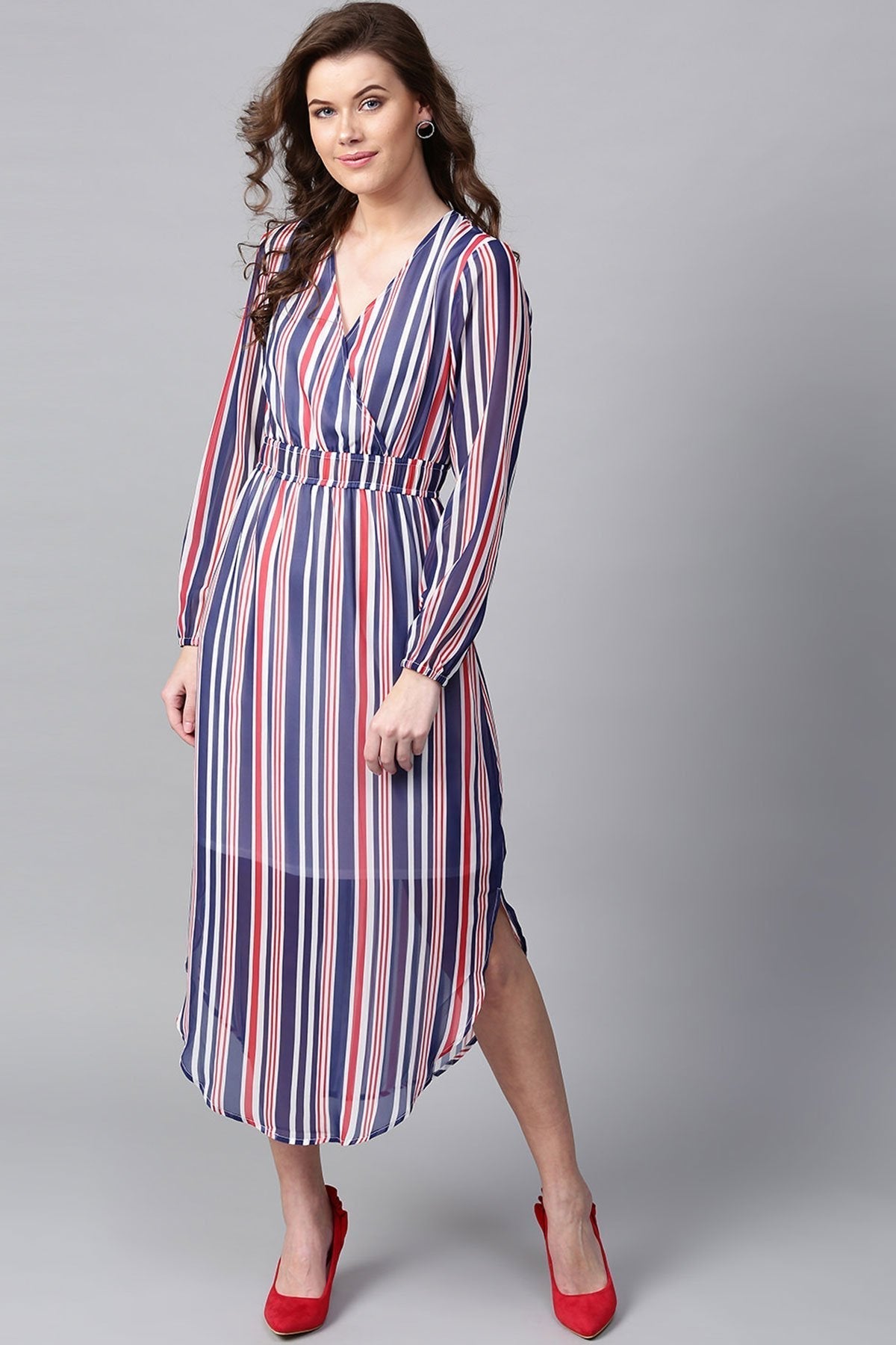 Women's Navy & Red Stripes Round Hem Maxi