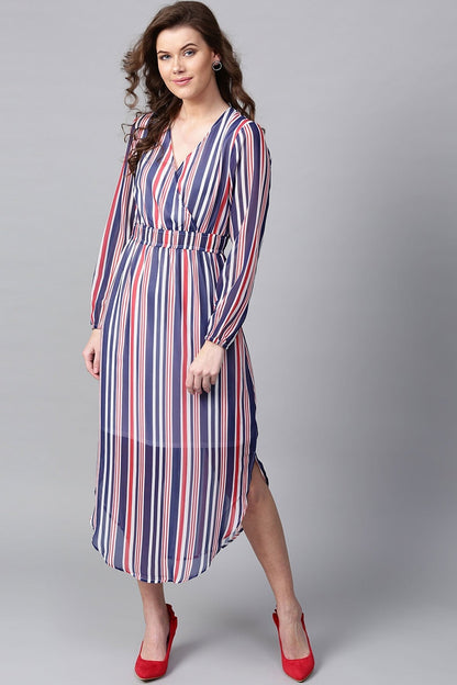 Women's Navy & Red Stripes Round Hem Maxi