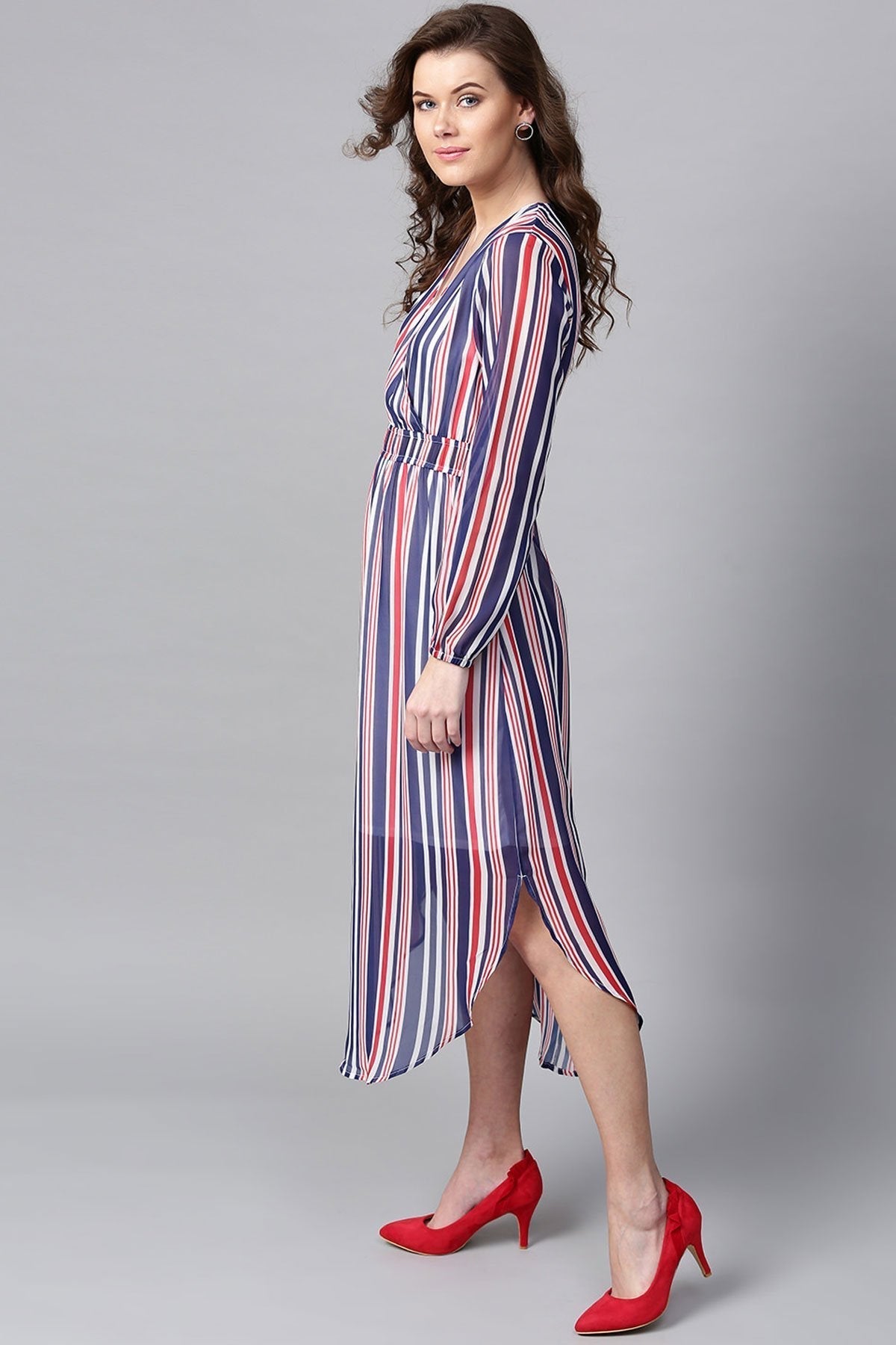 Women's Navy & Red Stripes Round Hem Maxi