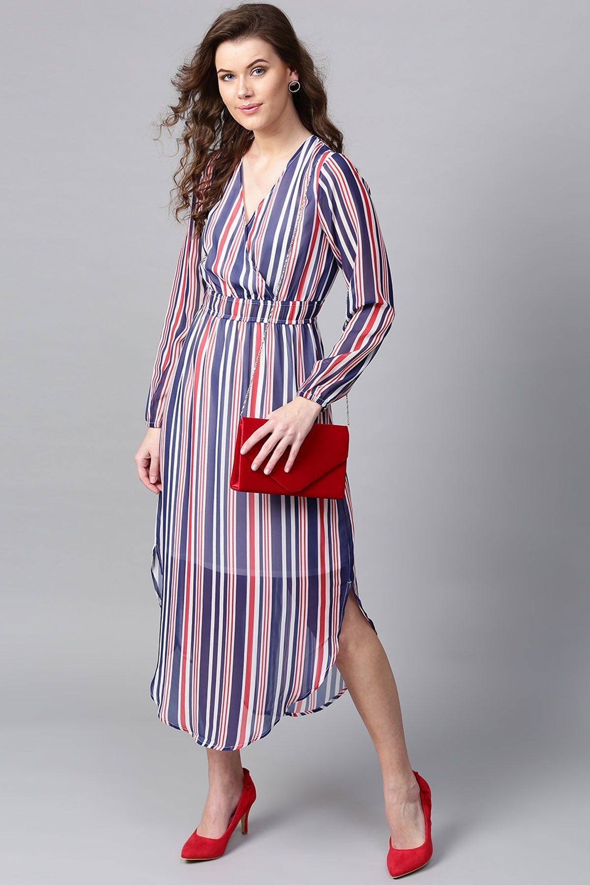 Women's Navy & Red Stripes Round Hem Maxi