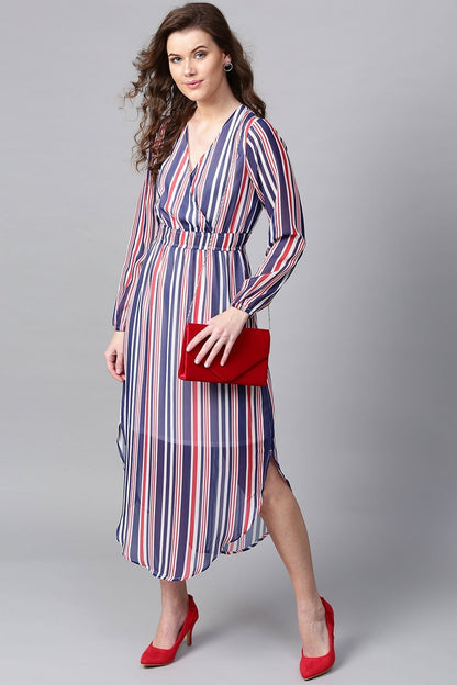 Women's Navy & Red Stripes Round Hem Maxi
