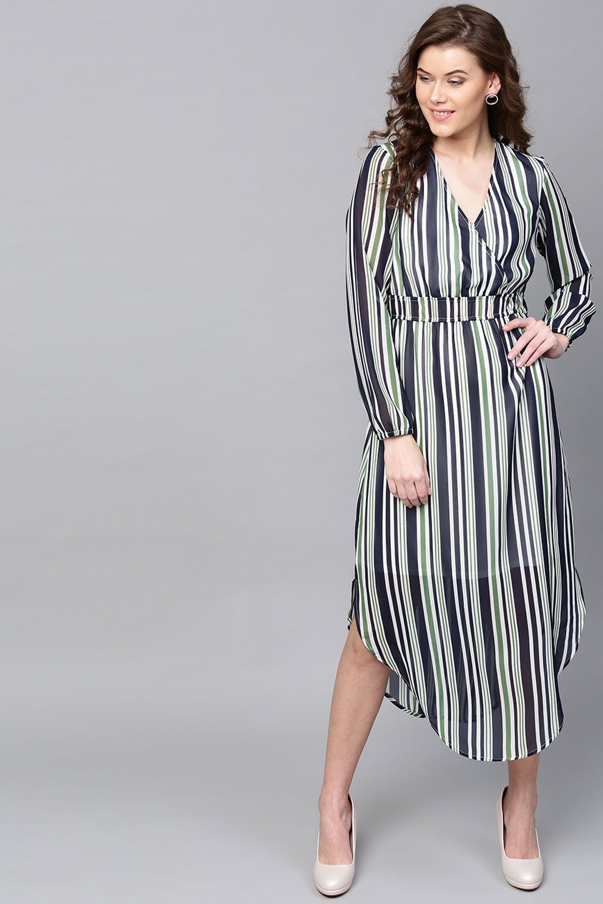 Women's Navy & Dark Green Stripes Round Hem Maxi