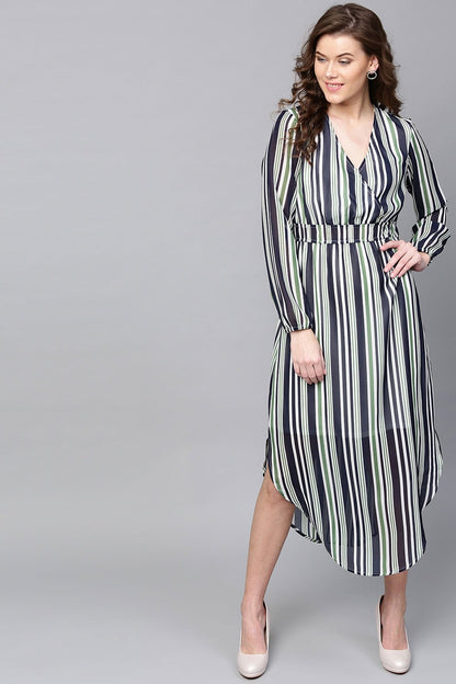 Women's Navy & Dark Green Stripes Round Hem Maxi