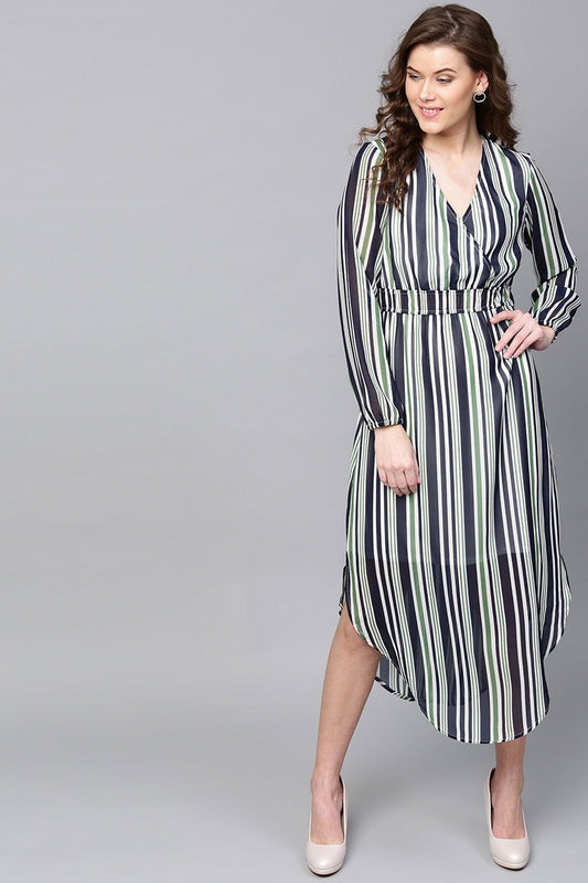 Women's Navy & Dark Green Stripes Round Hem Maxi