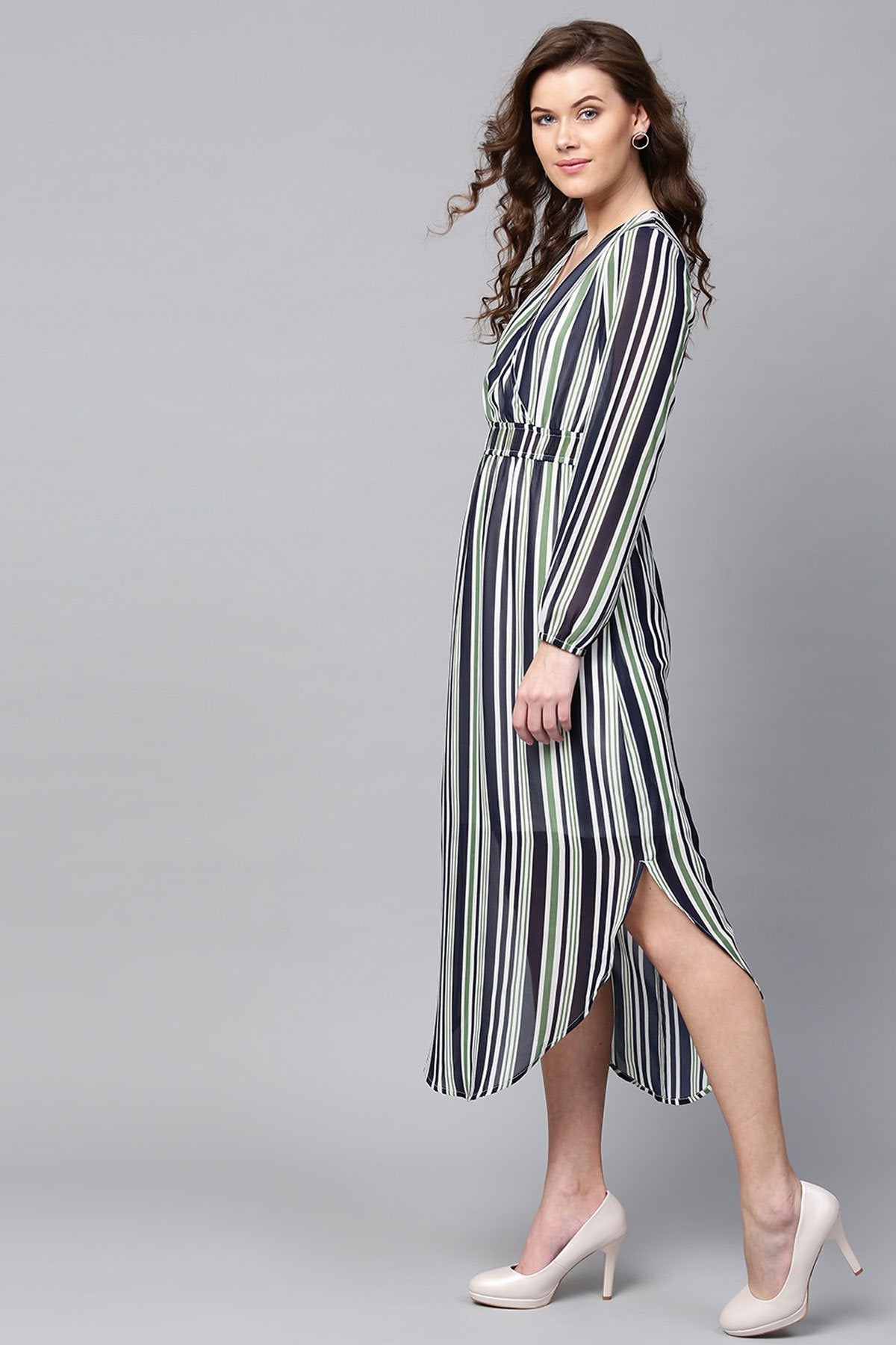 Women's Navy & Dark Green Stripes Round Hem Maxi