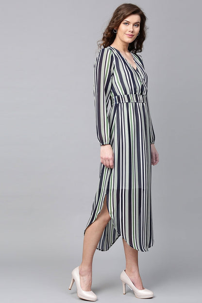 Women's Navy & Dark Green Stripes Round Hem Maxi
