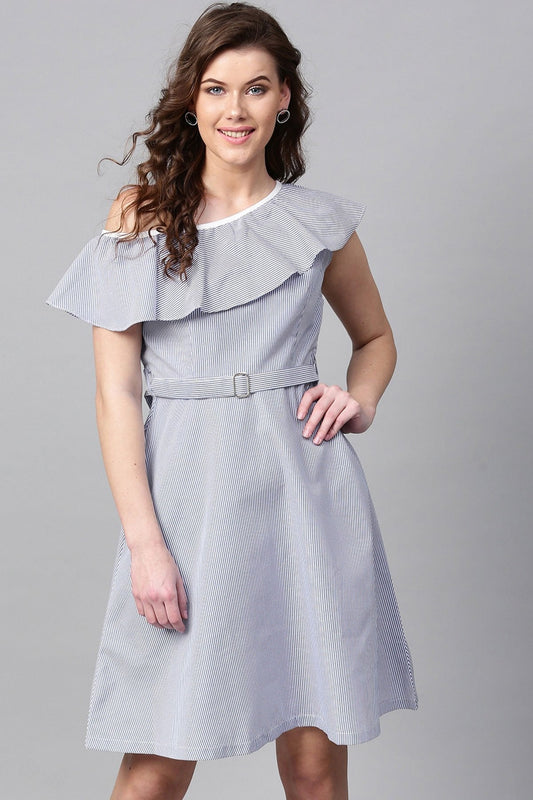 Women's Blue Stripes One Shoulder Dress